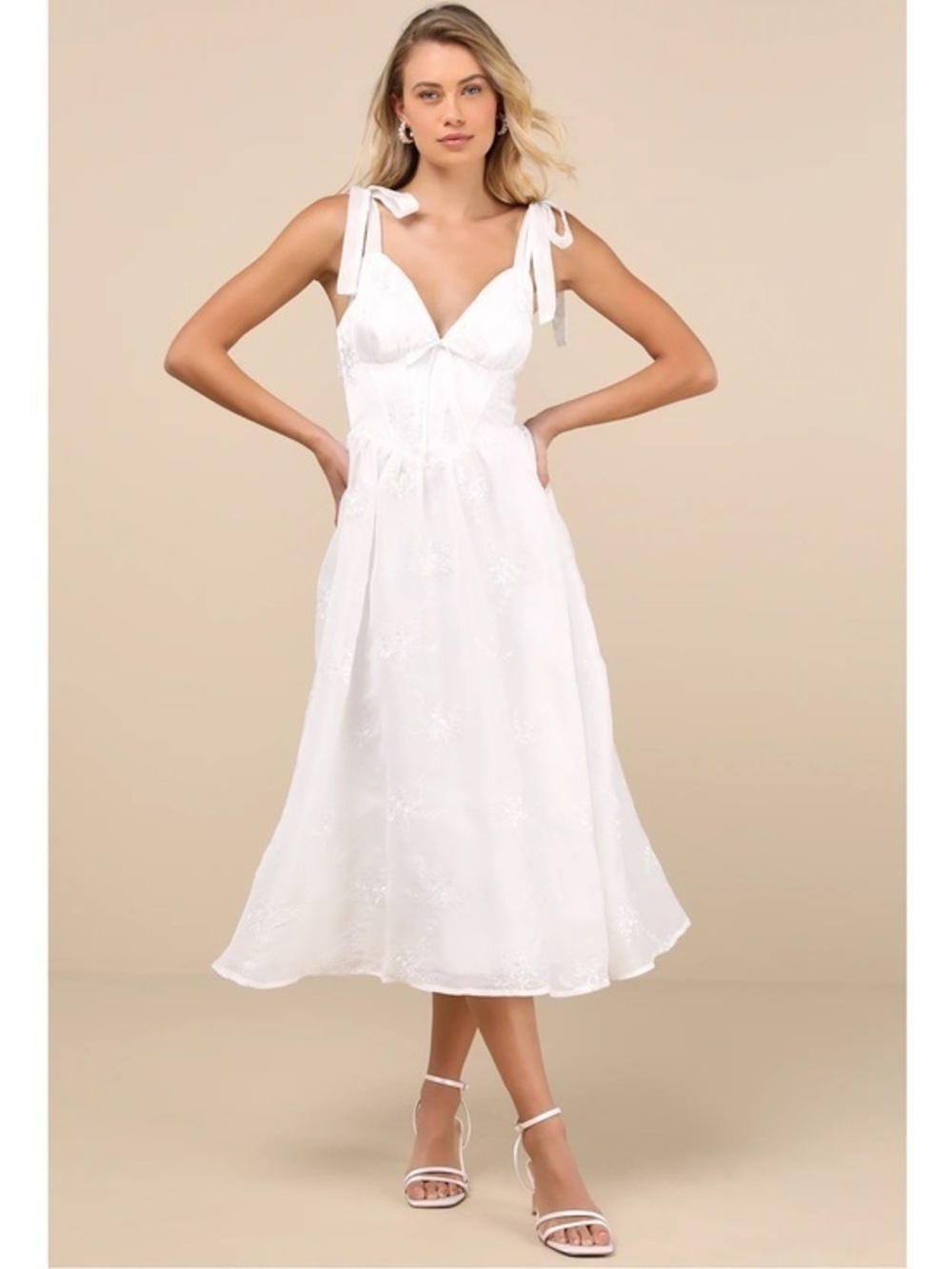 NWT Lulu’s Aero White Embroidered Tie-Strap A-Line Midi Dress Extra Large Chic